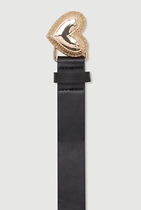 Womens Metallic Heart Buckle Faux Leather Belt, Black, Size S-M