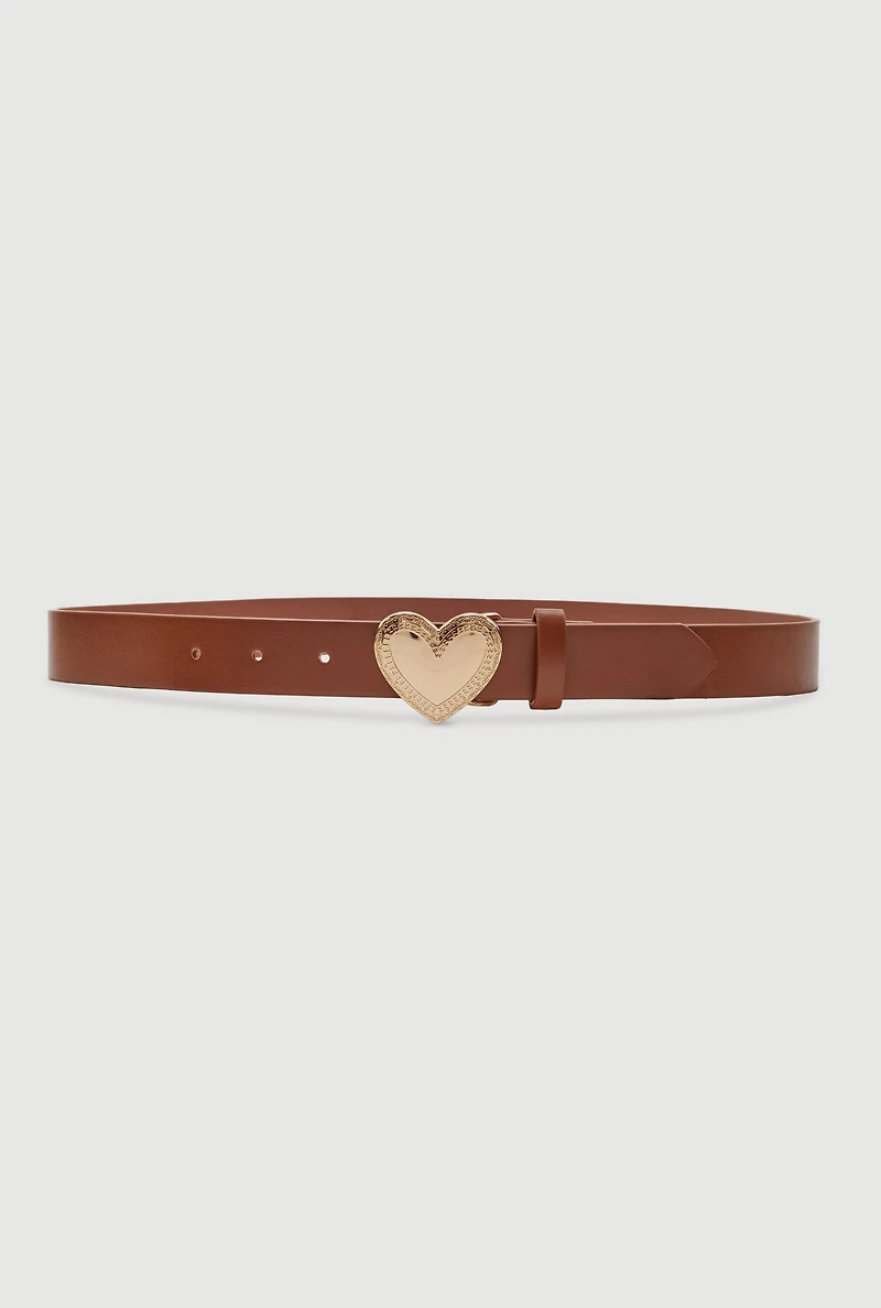 Womens Metallic Heart Buckle Faux Leather Belt, Brown, Size S-M