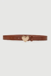 Womens Metallic Heart Buckle Faux Leather Belt, Brown, Size S-M