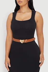 Womens Metallic Heart Buckle Faux Leather Belt, Brown, Size S-M
