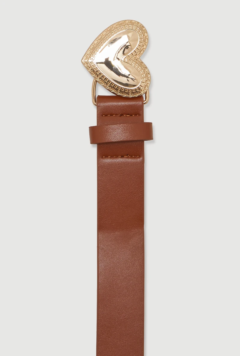Womens Metallic Heart Buckle Faux Leather Belt, Brown, Size S-M
