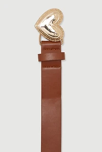 Womens Metallic Heart Buckle Faux Leather Belt, Brown, Size S-M
