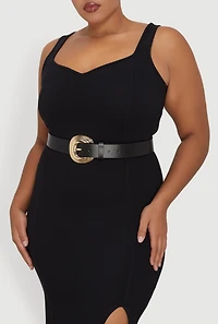 Womens Plus Size Faux Leather Belt with Textured Metallic Buckle, Black, Size 2X