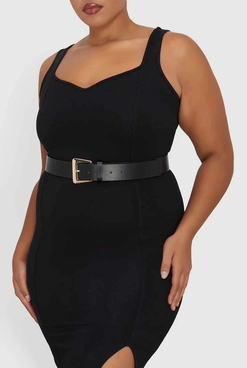 Womens Plus Size Metallic Rectangular Buckle Faux Leather Belt, Black, Size 1X