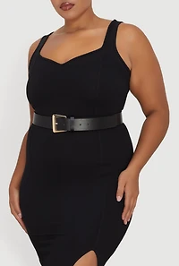Womens Plus Size Metallic Rectangular Buckle Faux Leather Belt, Black, Size 1X