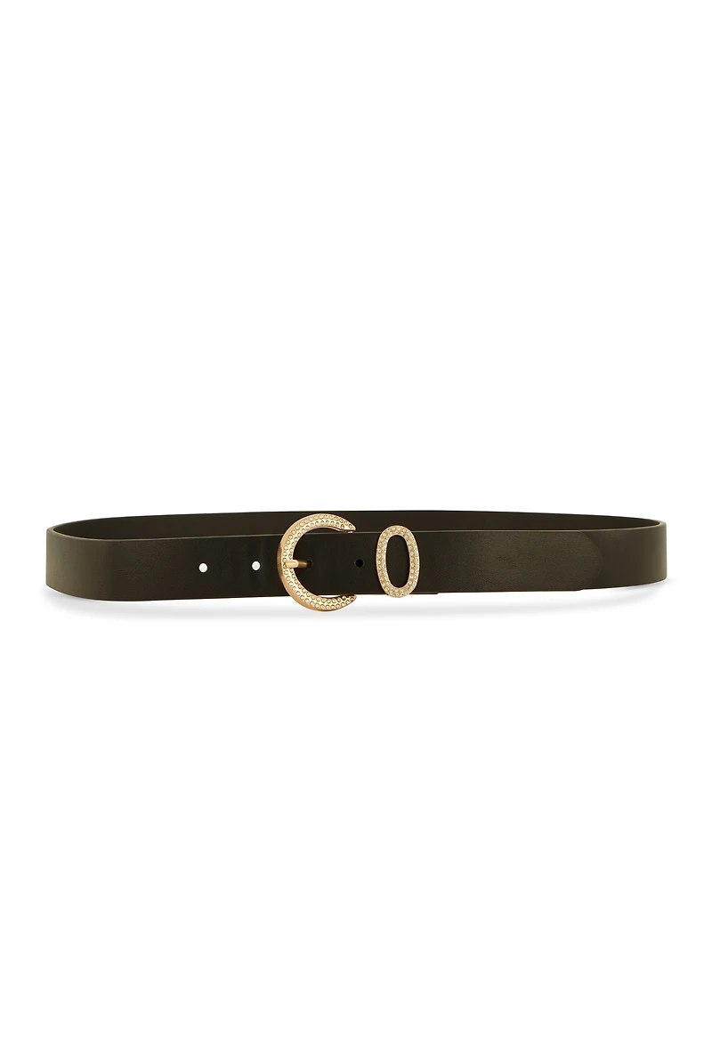 Womens Rhinestone Studded Buckle Faux Leather Belt, Black, Size S-M