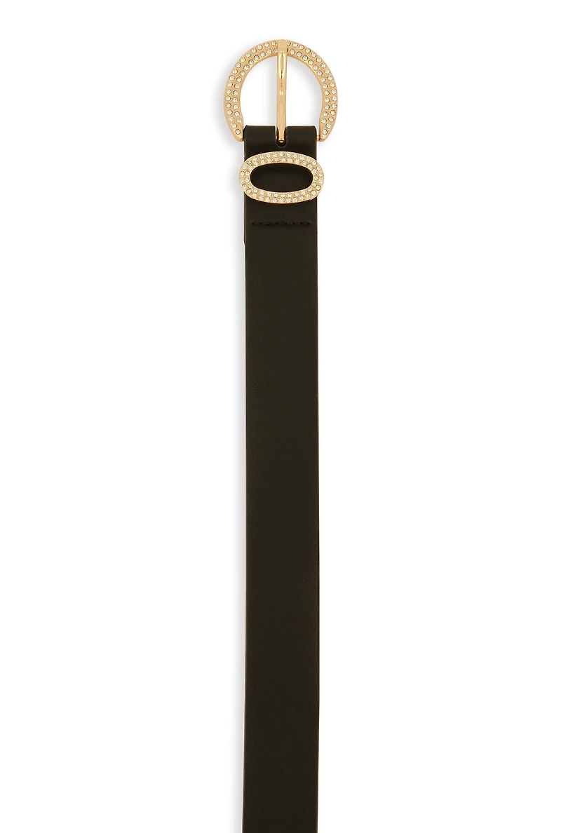 Womens Rhinestone Studded Buckle Faux Leather Belt, Black, Size S-M