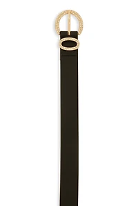 Womens Rhinestone Studded Buckle Faux Leather Belt, Black, Size S-M