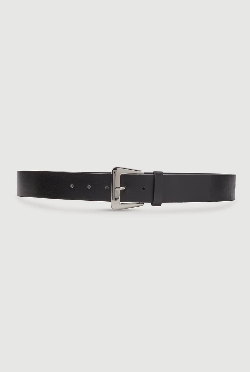 Womens Basic Faux Leather Metallic Buckle Belt, Black, Size S-M