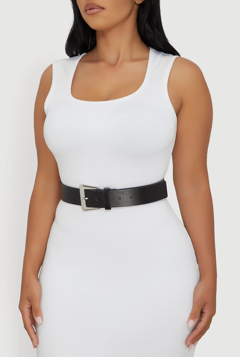 Womens Basic Faux Leather Metallic Buckle Belt, Black, Size S-M