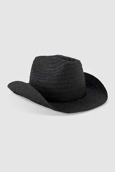 Womens Chic Straw Cowboy Hat with Buckle Detail, Black