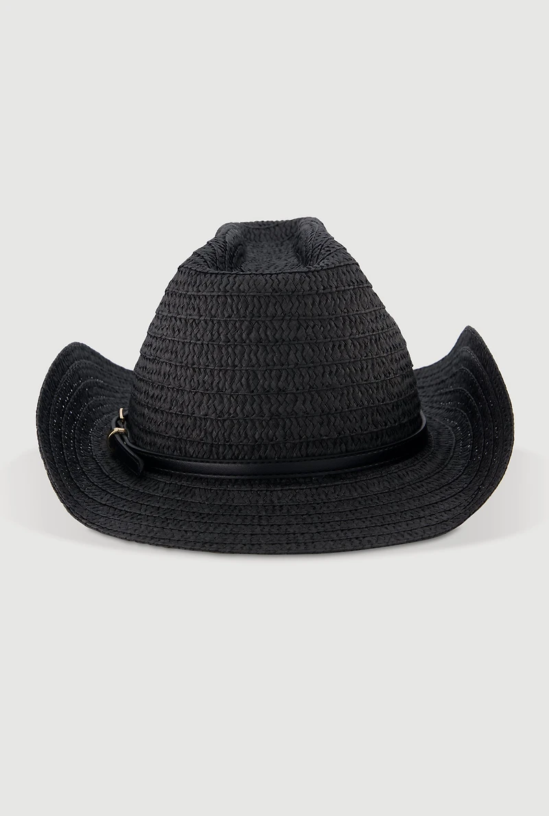 Womens Chic Straw Cowboy Hat with Buckle Detail, Black