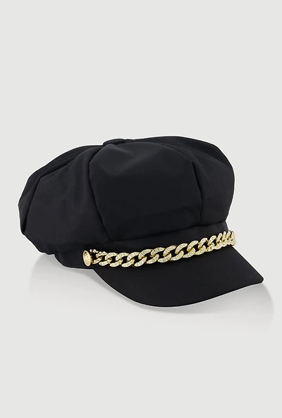 Womens Rhinestone Curb Chain Detail Cabbie Hat, Black