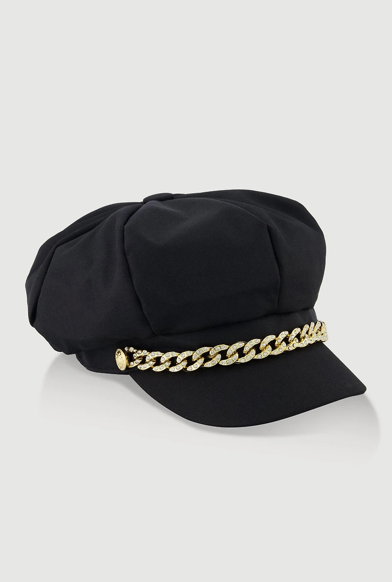 Womens Rhinestone Curb Chain Detail Cabbie Hat,