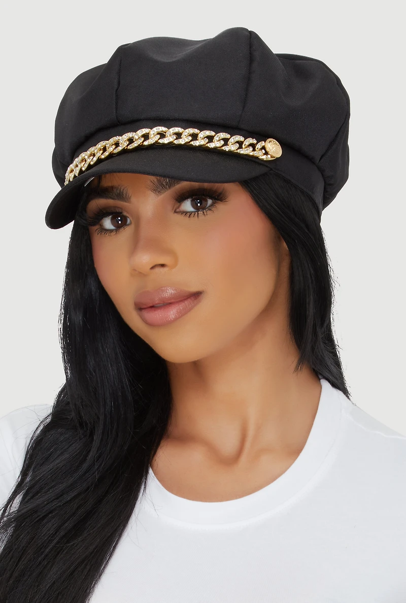 Womens Rhinestone Curb Chain Detail Cabbie Hat,