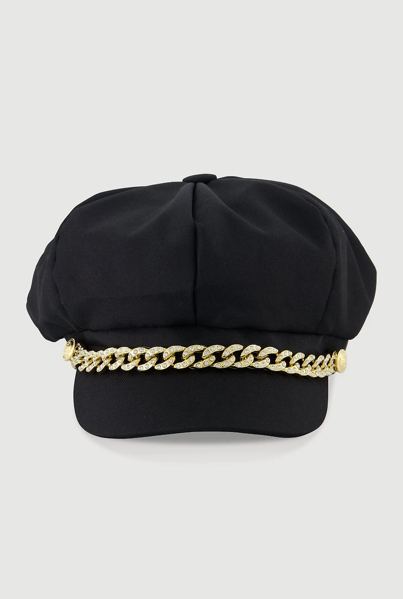 Womens Rhinestone Curb Chain Detail Cabbie Hat,
