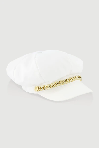 Womens Rhinestone Curb Chain Detail Cabbie Hat, White