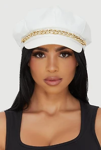 Womens Rhinestone Curb Chain Detail Cabbie Hat, White