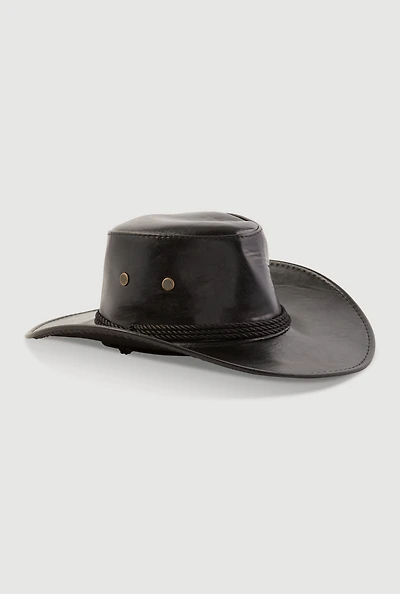 Womens Toggle Drawstring Faux Leather Hat, Black