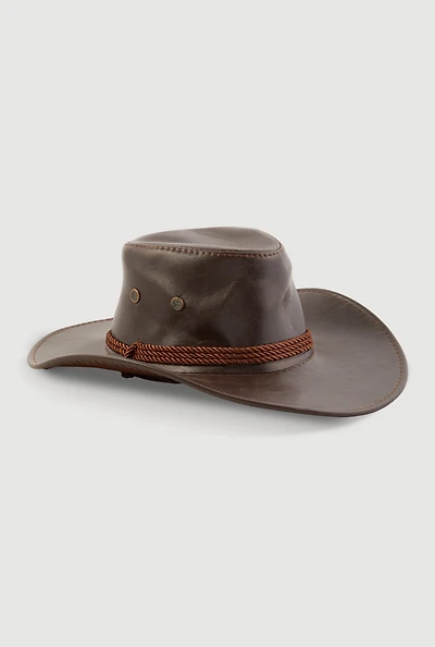 Womens Toggle Drawstring Faux Leather Hat, Brown