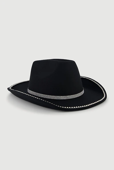 Womens Faux Suede Rhinestone Studded Cowboy Hat, Black