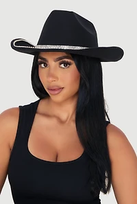 Womens Faux Suede Rhinestone Studded Cowboy Hat, Black