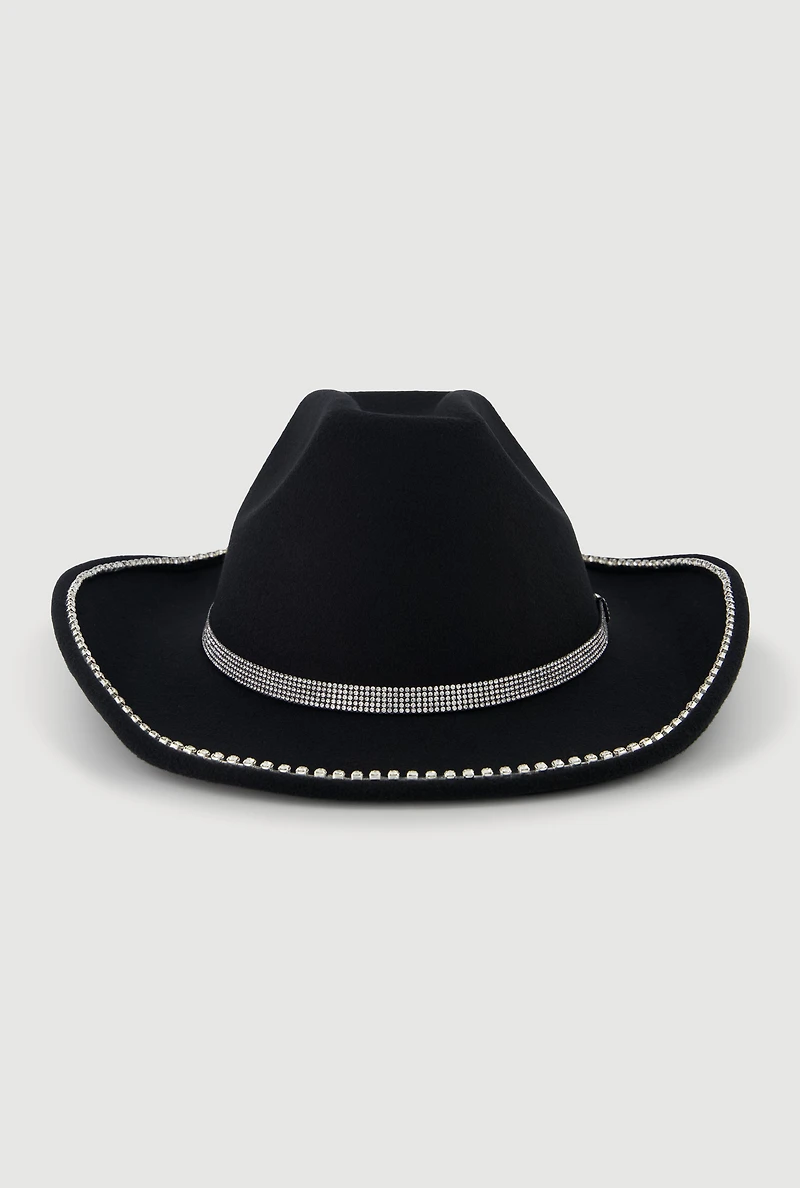 Womens Faux Suede Rhinestone Studded Cowboy Hat, Black