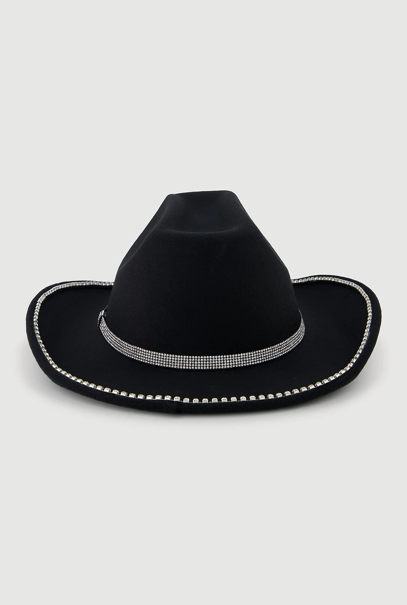 Womens Faux Suede Rhinestone Studded Cowboy Hat, Black