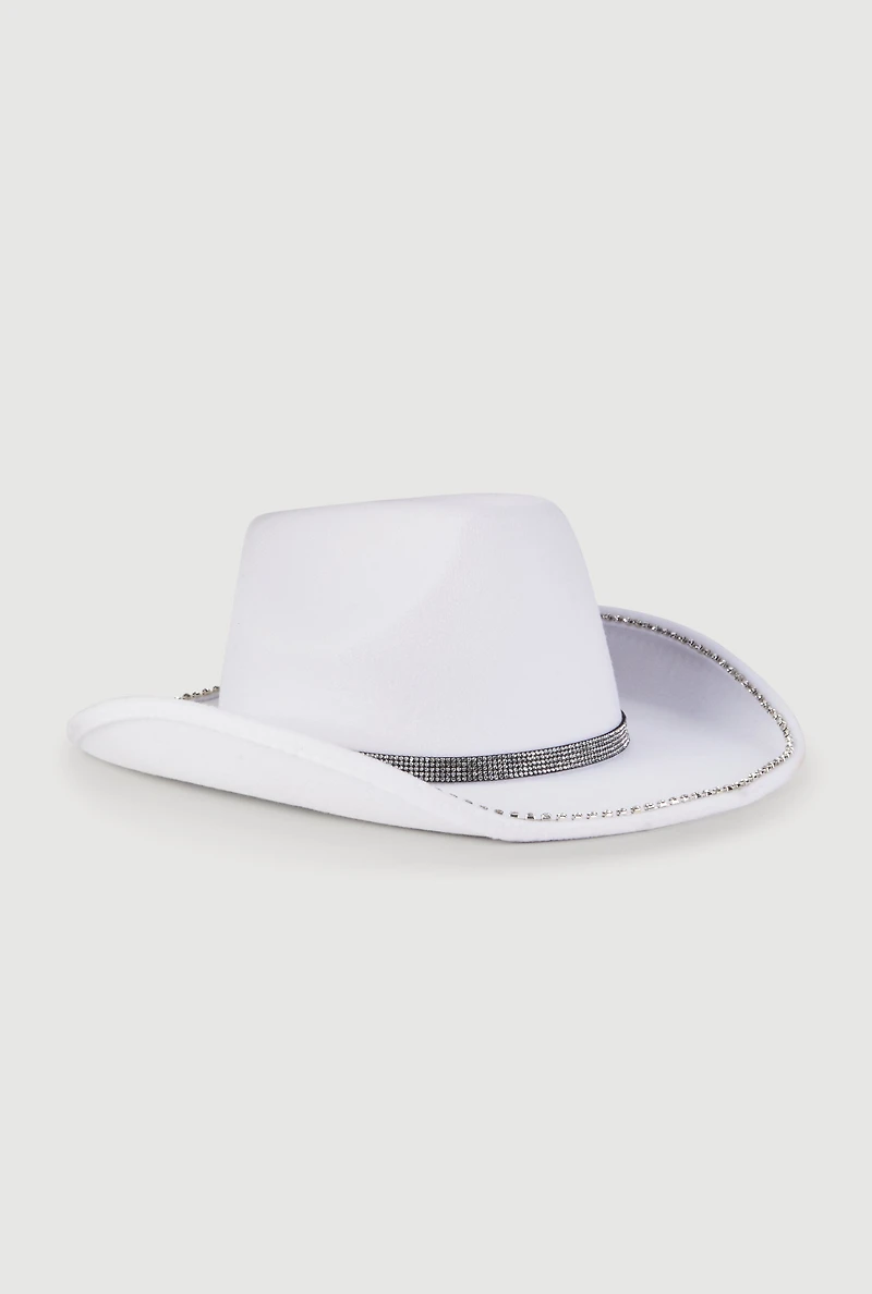 Womens Faux Suede Rhinestone Studded Cowboy Hat, White