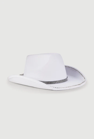 Womens Faux Suede Rhinestone Studded Cowboy Hat, White