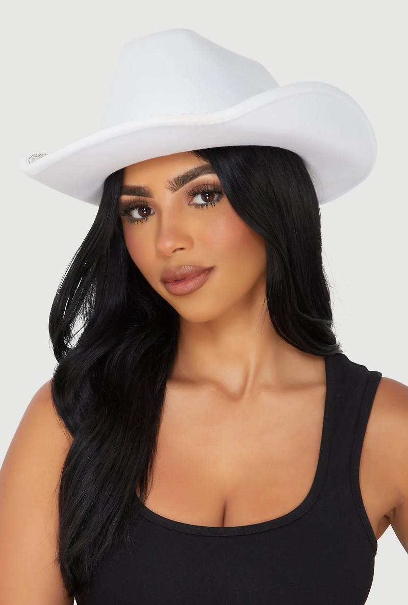 Womens Faux Suede Rhinestone Studded Cowboy Hat, White