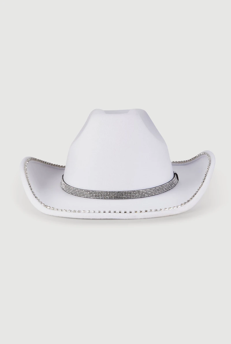 Womens Faux Suede Rhinestone Studded Cowboy Hat, White