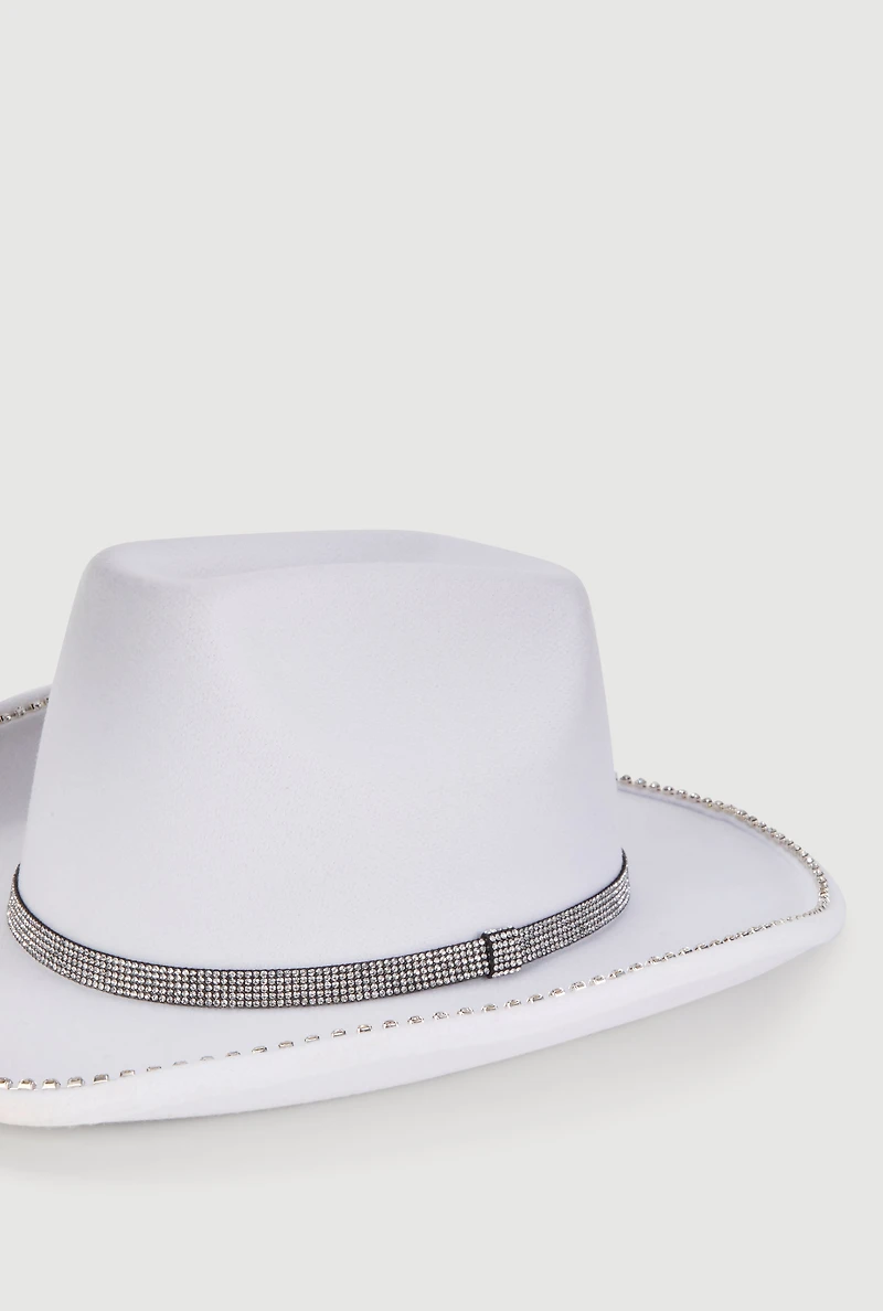 Womens Faux Suede Rhinestone Studded Cowboy Hat, White