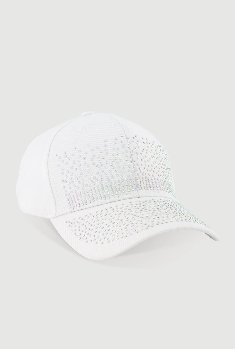 Womens Sparkling Rhinestone Baseball Cap, White