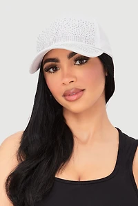 Womens Sparkling Rhinestone Baseball Cap, White