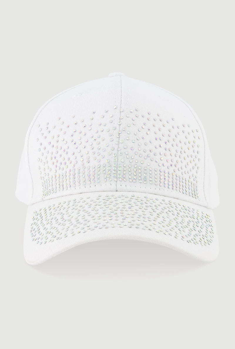 Womens Sparkling Rhinestone Baseball Cap, White