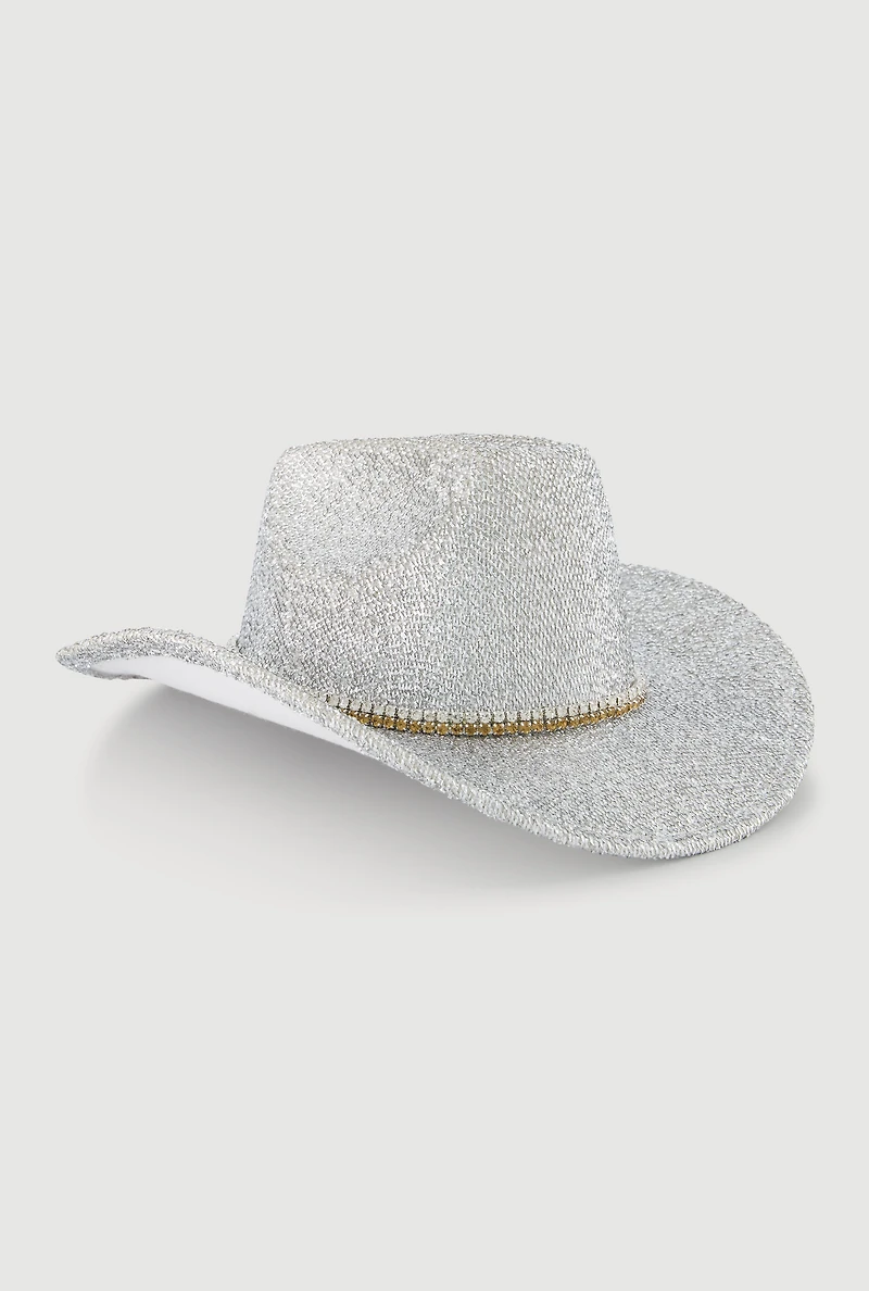 Womens Trendy Rhinestone Trim Lurex Cowboy Hat, Silver