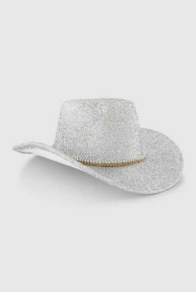 Womens Trendy Rhinestone Trim Lurex Cowboy Hat, Silver
