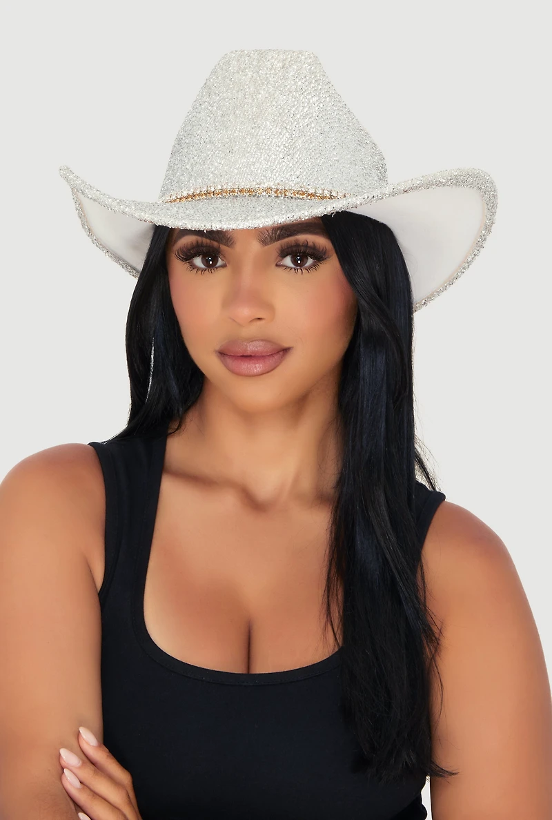 Womens Trendy Rhinestone Trim Lurex Cowboy Hat, Silver