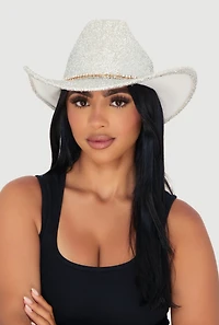 Womens Trendy Rhinestone Trim Lurex Cowboy Hat, Silver