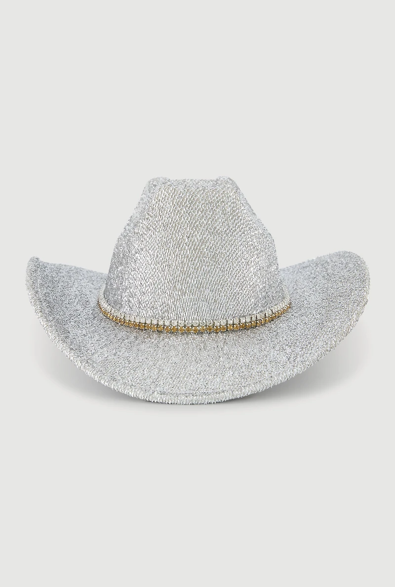Womens Trendy Rhinestone Trim Lurex Cowboy Hat, Silver