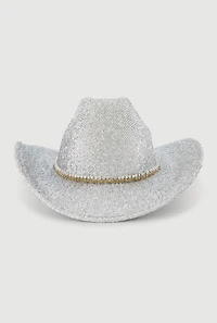 Womens Trendy Rhinestone Trim Lurex Cowboy Hat, Silver