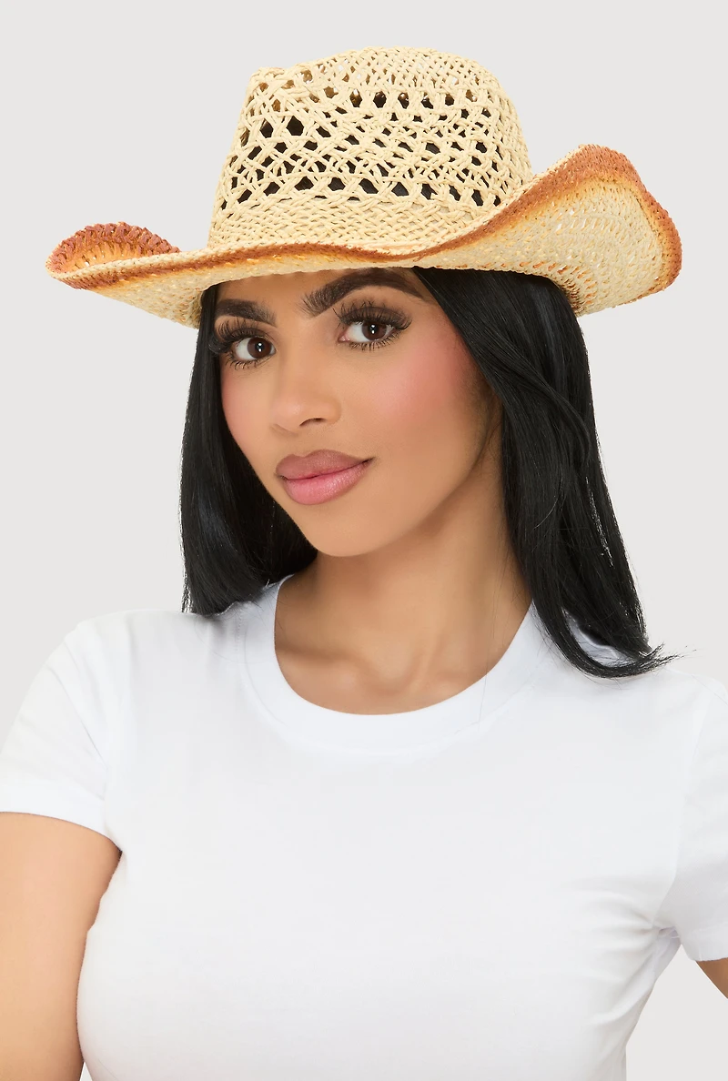 Womens Contrast Trim Straw Cowboy Hat, Beige