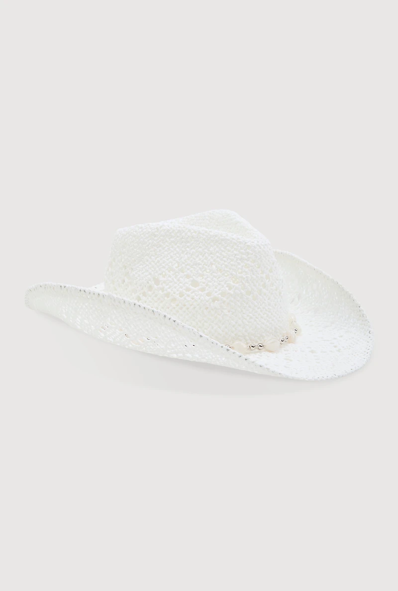 Womens Beaded Trim Straw Cowboy Hat, White