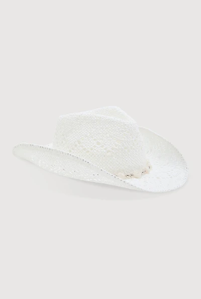 Womens Beaded Trim Straw Cowboy Hat, White
