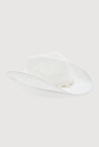 Womens Beaded Trim Straw Cowboy Hat, White
