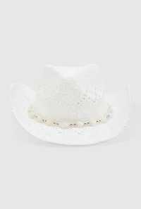 Womens Beaded Trim Straw Cowboy Hat, White