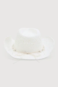 Womens Beaded Trim Straw Cowboy Hat, White