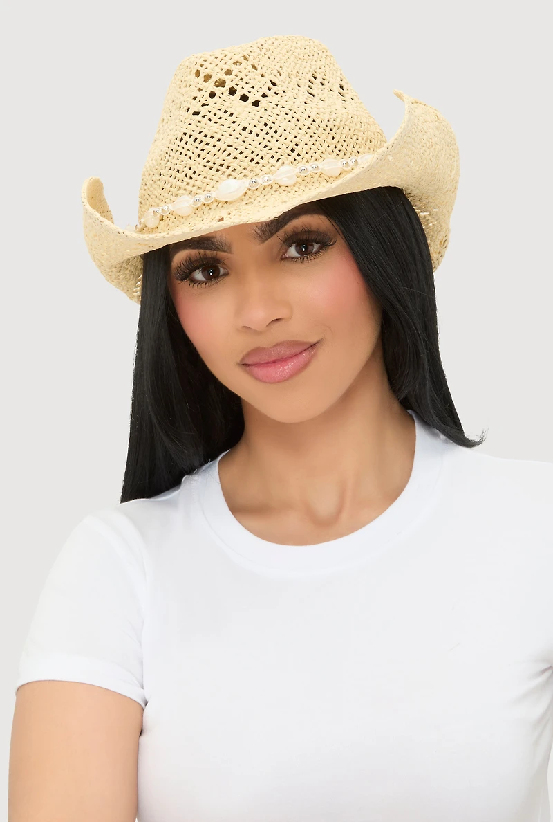 Womens Beaded Trim Straw Cowboy Hat,