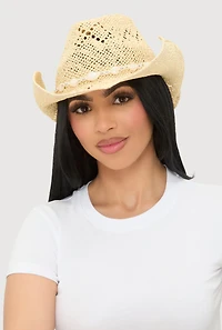Womens Beaded Trim Straw Cowboy Hat,